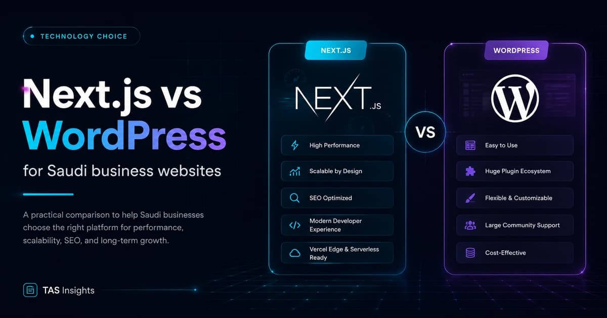 Next.js versus WordPress for Saudi websites shown through a real TAS responsive web and mobile project